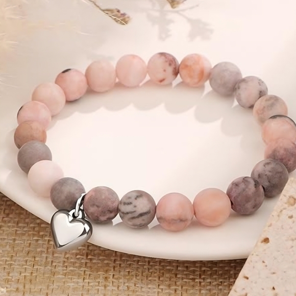Fashion Jewelry Jewelry - Pink Zebra Jasper Natural Stone Beaded Silver Puffy Heart Stretch Charm Bracelet